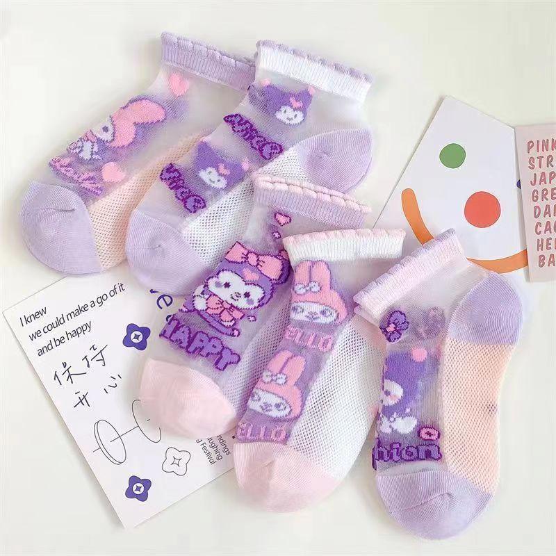  Set 5 đôi tất cổ ngắn hình Kuromi bé gái lưới mỏng nhẹ thoáng khí hè thu Cho Bé 