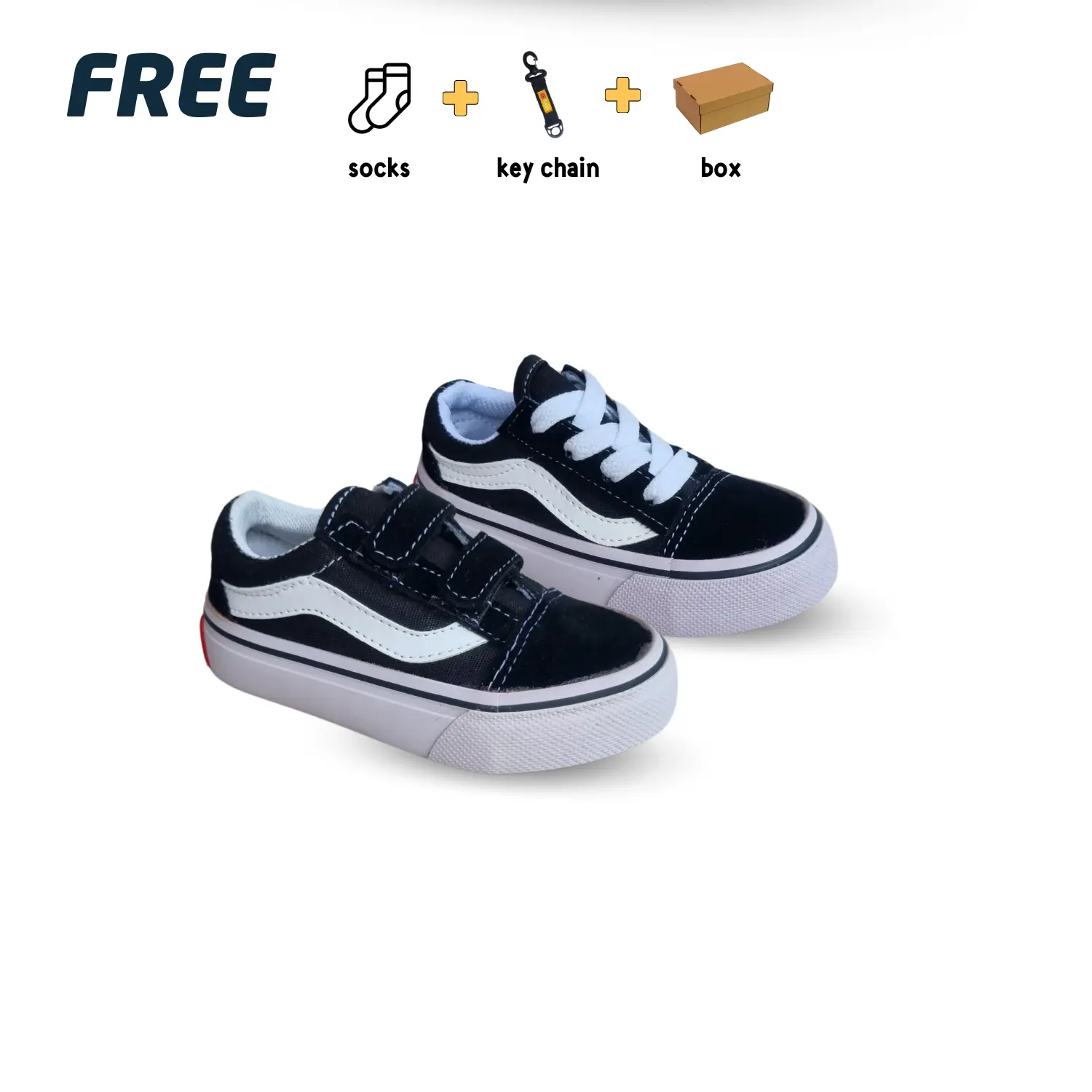 Sepatu Anak Bayi Old Skool Hitam Perekat dan Tali Size 16-20 Anak-Anak Laki-laki Perempuan