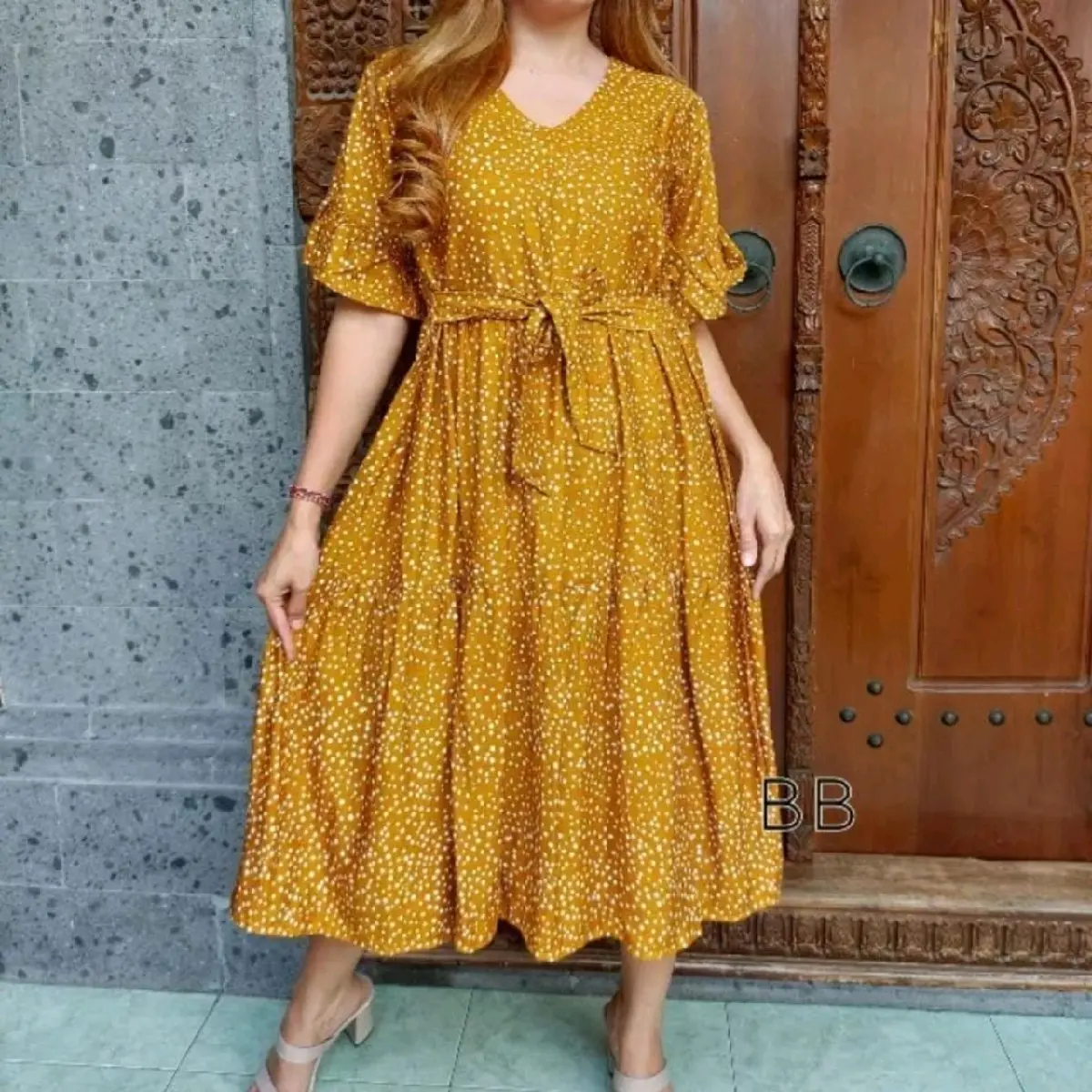 DASTER BALI MOTIF POLKADOT MODEL SUSUN SLETING DEPAN JUMBO LD 120 CM