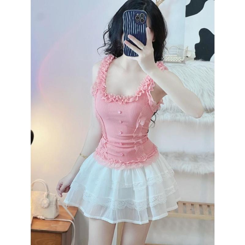 CR226 Áo Kiểu Nữ Ba Lỗ Sát Nách Viền Ren Đính Nút - Freesize Dưới 53kg - Màu Đen/Trắng/Hồng - Chất Liệu Tăm Lạnh Co Giãn Women Top Women Top 7