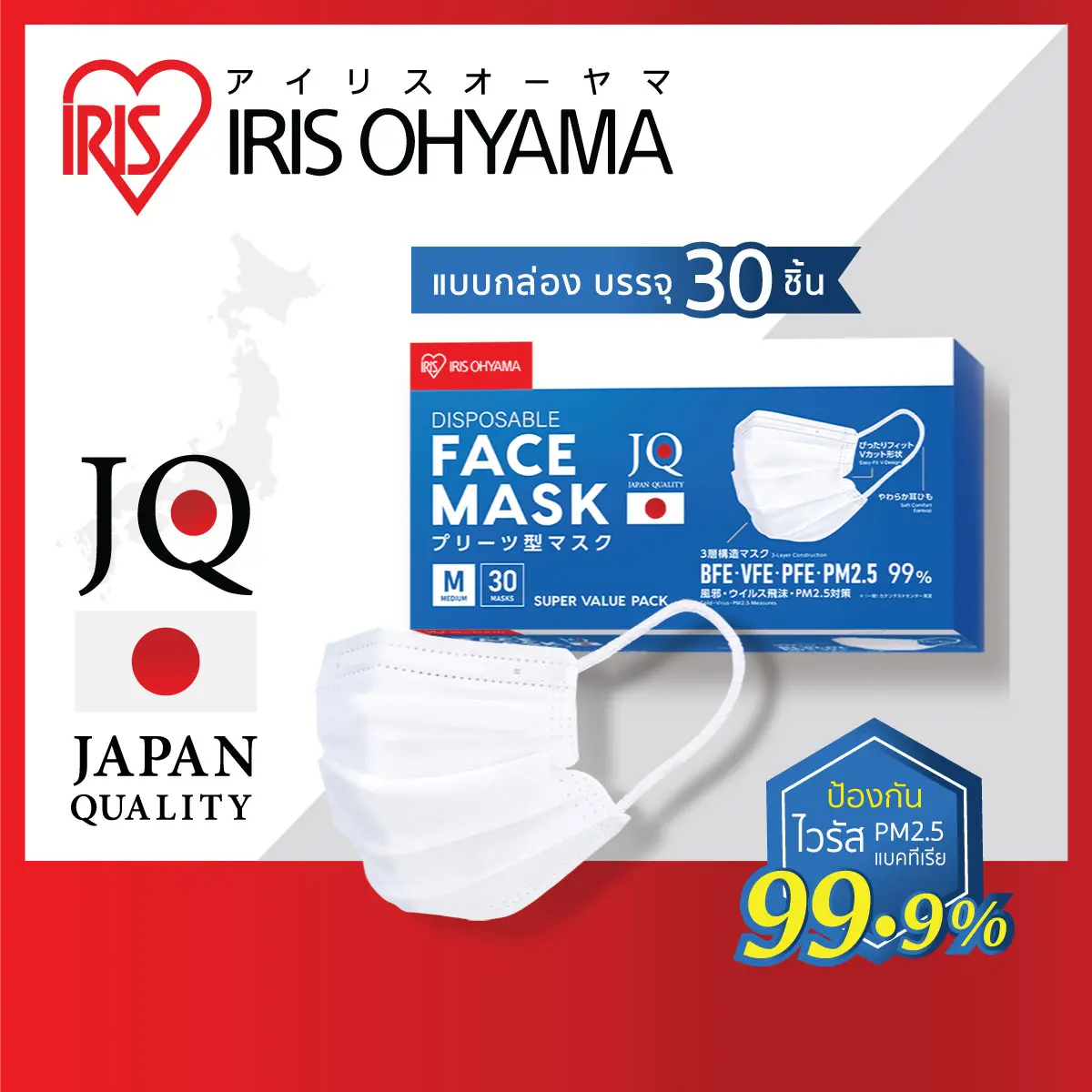 หน้ากากอนามัย ไอริส โอยามะ IRIS OHYAMA Size M ป้องกันเชื้อโรค และฝุ่นละออง แบบกล่อง 30 ชิ้น