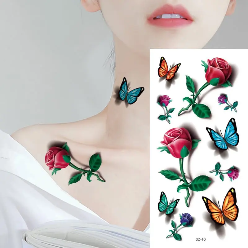 Stiker Tato 3D Dimensi  Motif Berwarna Motif Bunga Mawar