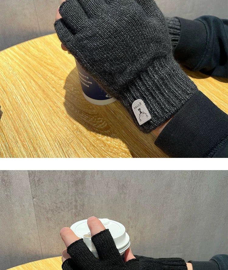 Product Introduction of 2024 Gloves Men's Open Finger Winter Half Finger Riding Student Writing Thick Wool Knitted Leaking Finger Cold-Proof Warm 4