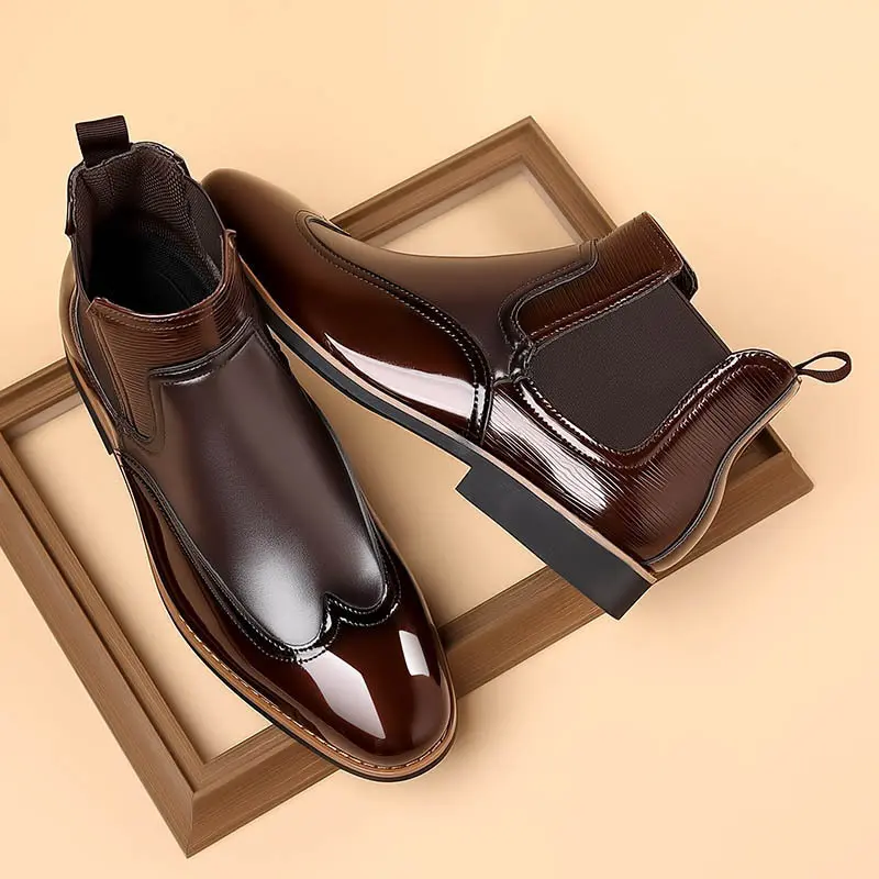 New Olympic Shoes and Boots 4993 Men's Patent Leather Chelsea Casual Martin Boots Men's Glossy High Elastic Mouth Men's Boots