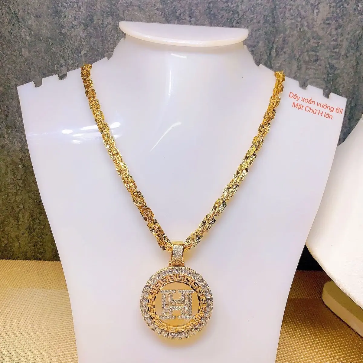 Dây chuyền xoắn vuông 6li mặt H đính đá trẻ trung sang trọng Nam Nữ điều đeo đẹp- dài 48cm