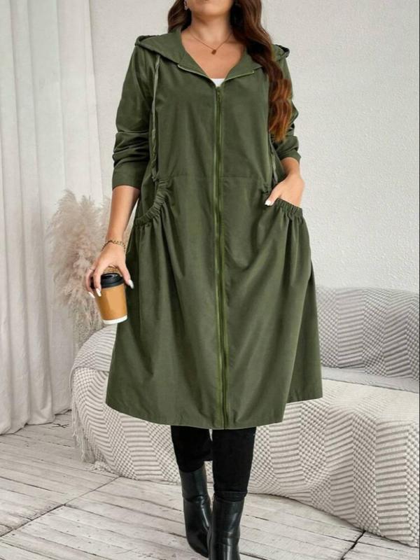 【Plus Size】 Solid Drawstring Hooded Jacket, Casual Long Sleeve Zip Up Outerwear for Fall & Winter, Women's Clothes for Daily Wear 2