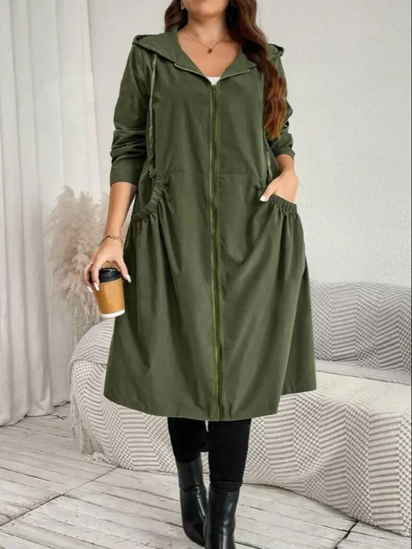 【Plus Size】 Solid Drawstring Hooded Jacket, Casual Long Sleeve Zip Up Outerwear for Fall & Winter, Women's Clothes for Daily Wear 2