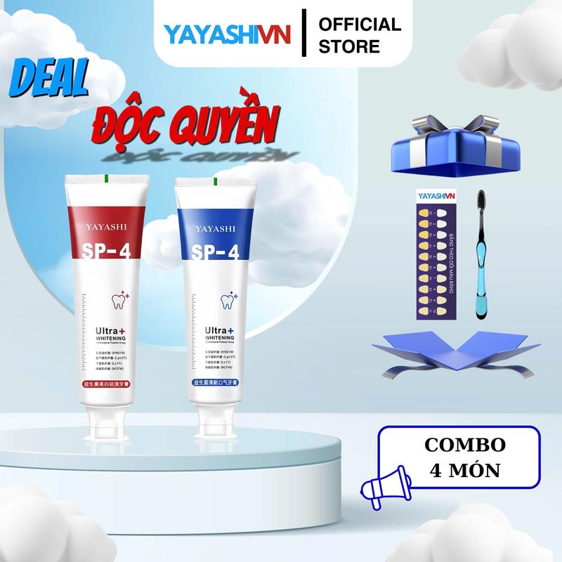 [Deal Bất Ngờ] 2 Tuýp Kem Đánh Răng Yayashi SP4 + Tặng Bàn Chải + 1 Bảng Theo Dõi Màu Răng - Hỗ Trợ Giảm Hôi Miệng, Khử Vàng Ố Răng, Hỗ Trợ Trắng Răng