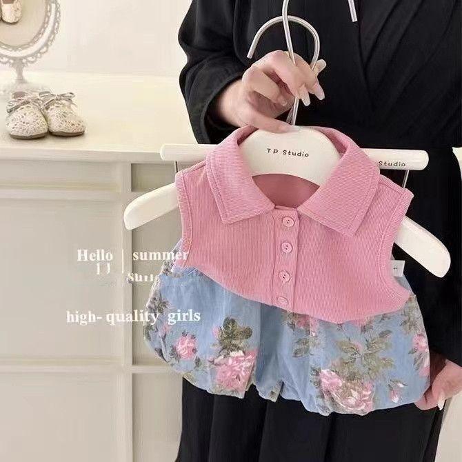 Product Introduction of 2024-Ins Summer Girls' Korean Style Polo Collar Solid Color Vest Girls' Lightweight Floral Soft Denim Bud-Waisted Shorts Summer Suit-OOTD 10