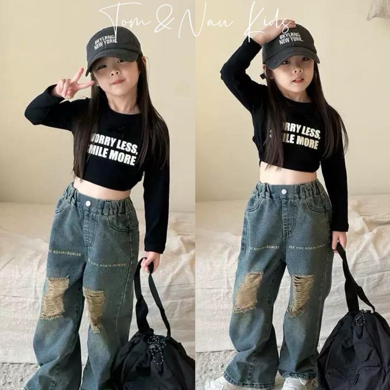 S311- QUẦN CÓ BÁN LẺ Tom&Nau Kids Set áo dài tay phối quần jean suông ống rộng rách cho bé gái size từ 8-30Kg