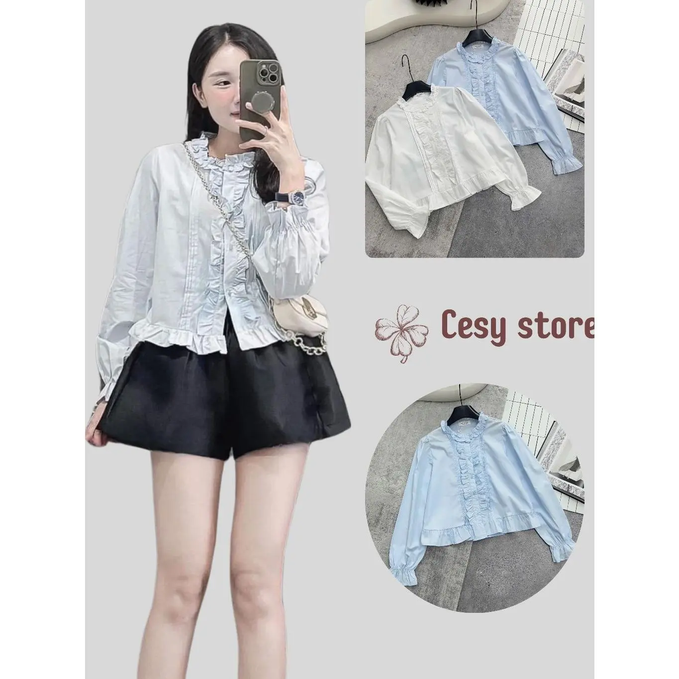 Áo sơ mi dài tay Cesy, áo sơ mi tiểu thư viền cổ bèo tay bo chun chất liệu vải thô mềm 966