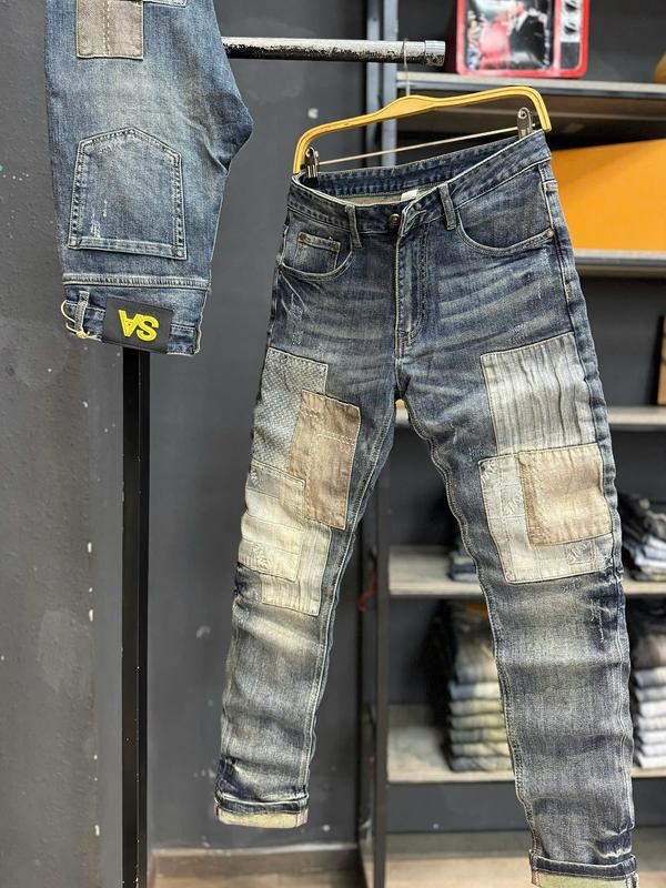 [2 Mẫu Jean Denim Guangzhou TC3027-3028]  Quần Jeans Nam Dài Màu Xanh Bụi Đắp Vá Ghép-Sáng Sọc Trắng Sơn Màu Đắp Vá Đậm & Nhạt J3595 J3567