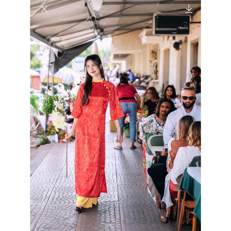 Áo dài cách tân  phối cổ tay lỡ như hình, sang trọng  dành cho nữ - Women Kem Sen Dress 7