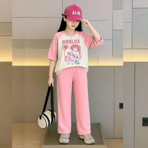 Setelan Baju Anak Perempuan Lengan Pendek Roblox 10 Set Celana Panjang Strip Usia 3-12 Tahun Nyaman Adem Dan Hangat