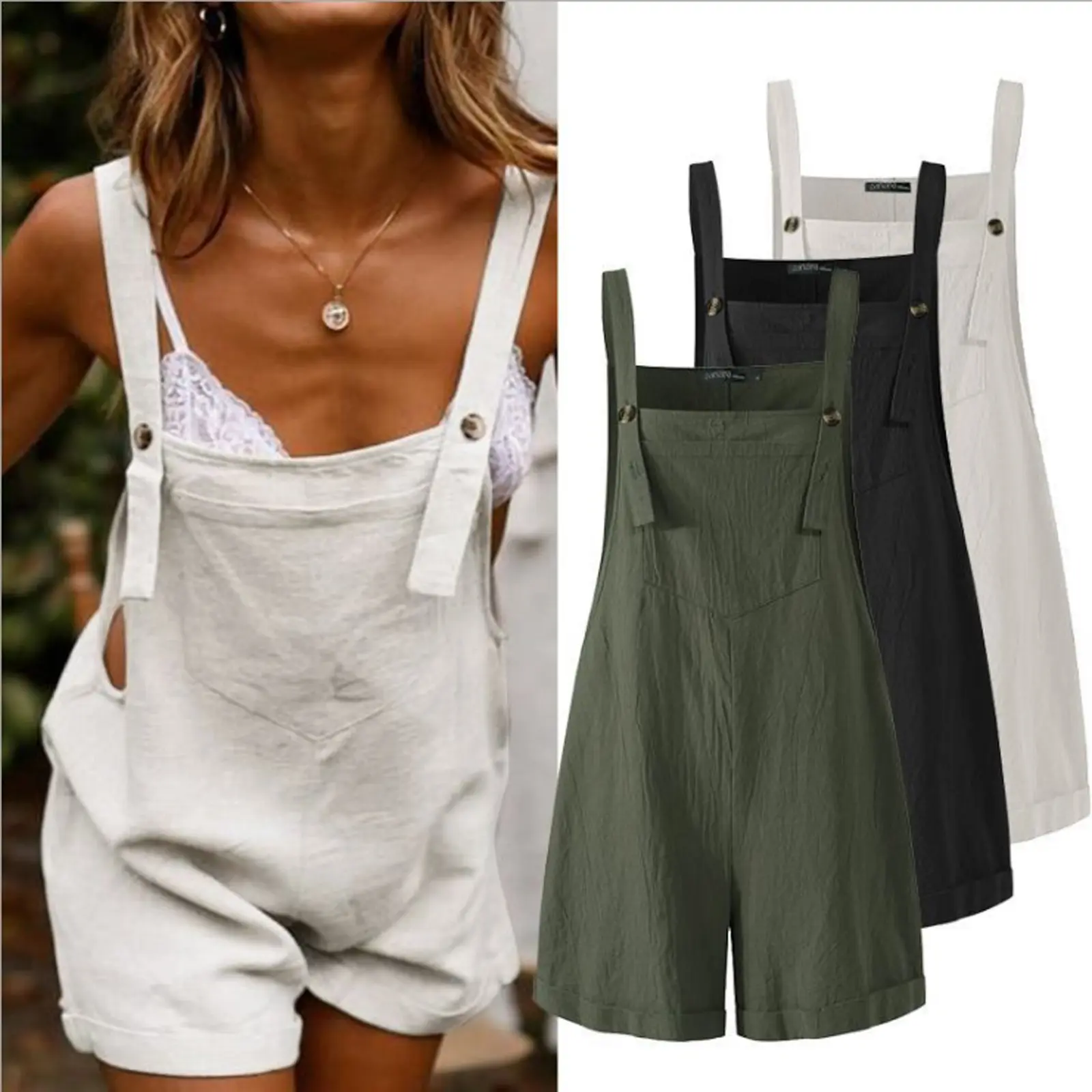 Women Loose Overalls, Solid Color Square Collar Sleeveless Army Cotton Linen Womenswear