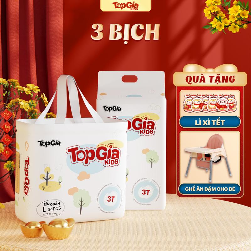3 BỊCH (TẶNG GHẾ ĂN DẶM CHO BÉ + MIẾNG DÙNG THỬ) Tã/Bỉm cho bé, bỉm TopGiaKids pH < 7 ngừa hăm, đai chun đệm mây mềm mại co dãn 4 chiều, thấm hút bề mặt khô thoáng size S đến XXXL cho bé từ 4-20kg Kem