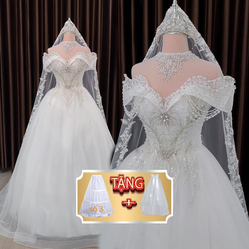 [Tặng tùng + voan] Váy cưới cô dâu giá tận xưởng, kiểu váy suông chữ A, đi bàn kín cổ màu trắng kiểu trễ vai cổ áo liền mẫu váy nữ hoàng 2024 mã váy TW140 Áo Cưới Dress Voi Tua Rua Voan