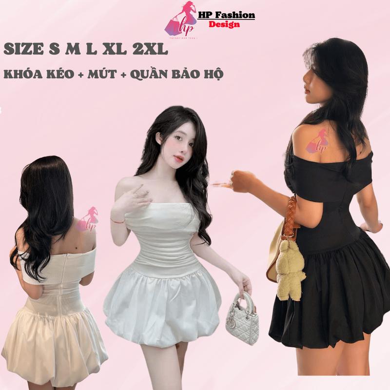 Đầm bí ngô phồng dáng ngắn body cúp v1 trễ bẹt vai có mút, váy kiểu nữ màu đen  trắng đi tiệc tiểu thư sang chảnh có bigsize HP28 TN