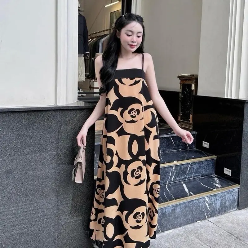 Đầm Yếm Maxi Đi Biển Dáng Suông Dài Hoạ Tiết Hoa Trà Siêu Hot - Chất liệu Mát Thoáng 0