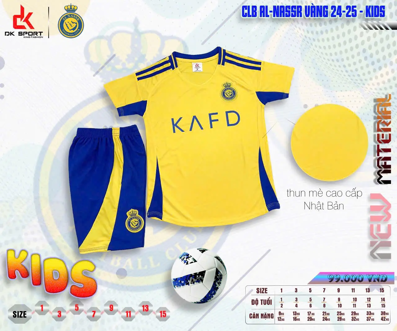 Bộ quần áo đá bóng Al Nassr vàng- trẻ em- vải mè Nhật (có in TÊN + SỐ theo yêu cầu)