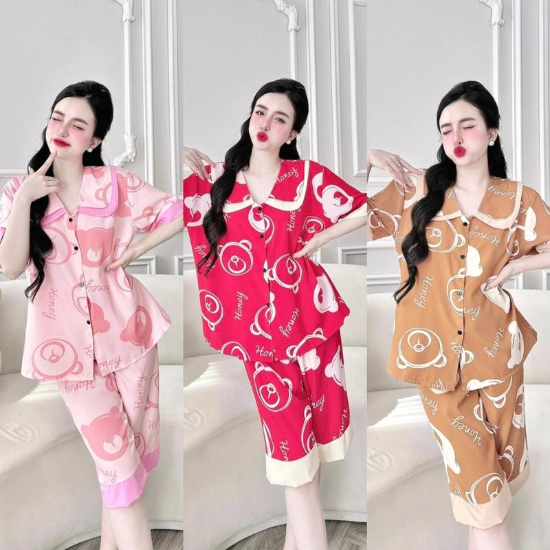 Đồ ngủ Bigsize lửng 50-100kg chất lụa hàn mềm mịn Nữ Áo đồngủ ren lưng mặc pijama lụa mango cổ sen bộ