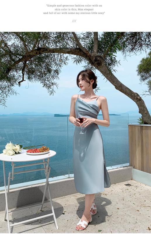 Product Introduction of D2829-French blue suspender dress, women's summer satin texture, high-end feeling, slim fit temperament, design sense, unique dress 16