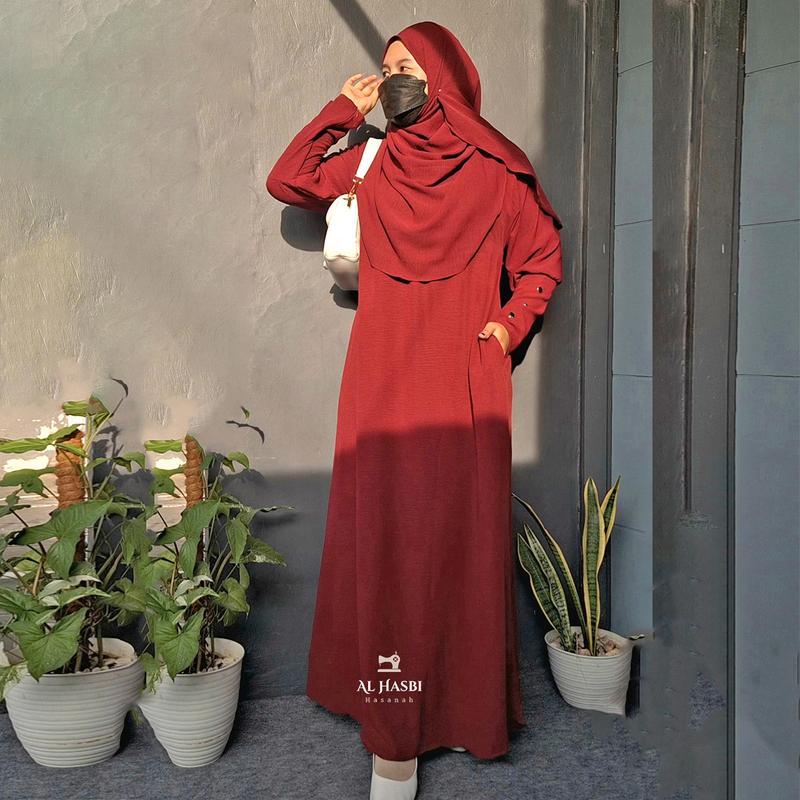 GamisAzna - Asmah Set Pashmina  Simple Elegan Crinkle Airflow Variasi Kancing Gold Mewah Dress Wanita Muslim Manset Hitam Basic Panjang Murah Formal Syari 4