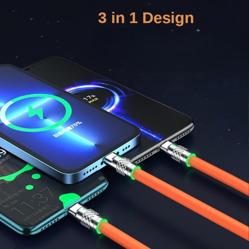 Dây Cáp Sạc Nhanh 120W 3 Đầu Sạc Bằng Hợp Kim Kẽm Và Silicon Dài 1m2 Chống Đứt, Chống Rối 4