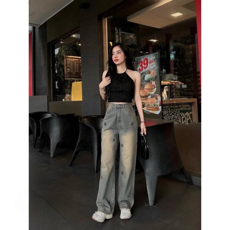 Quần beggy jean nữ quần cạp cao quần jean nữ ống rộng From Dưới 60KG thời trang 2024 Women Lưng Cao Ong Pants Không co dãn