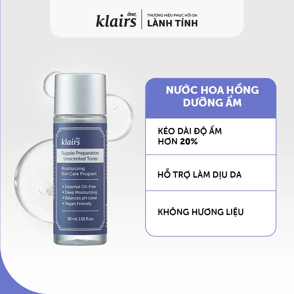[Minisize] Nước hoa hồng Dear, Klairs Supple Preparation Unscented Toner hỗ trợ phục hồi 30ml | BigBuy360 - bigbuy360.vn