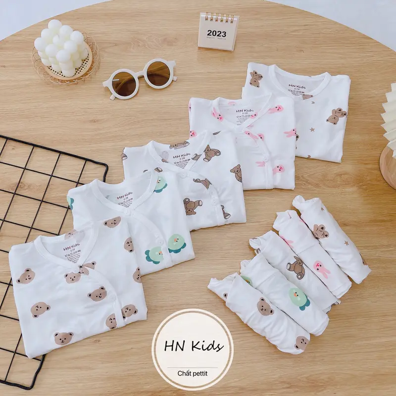 Bộ quần áo cho bé sơ sinh tay dài Hnkids vải petit sợi tre mềm mát co giãn màu trắng in hình Sơ Mi 5