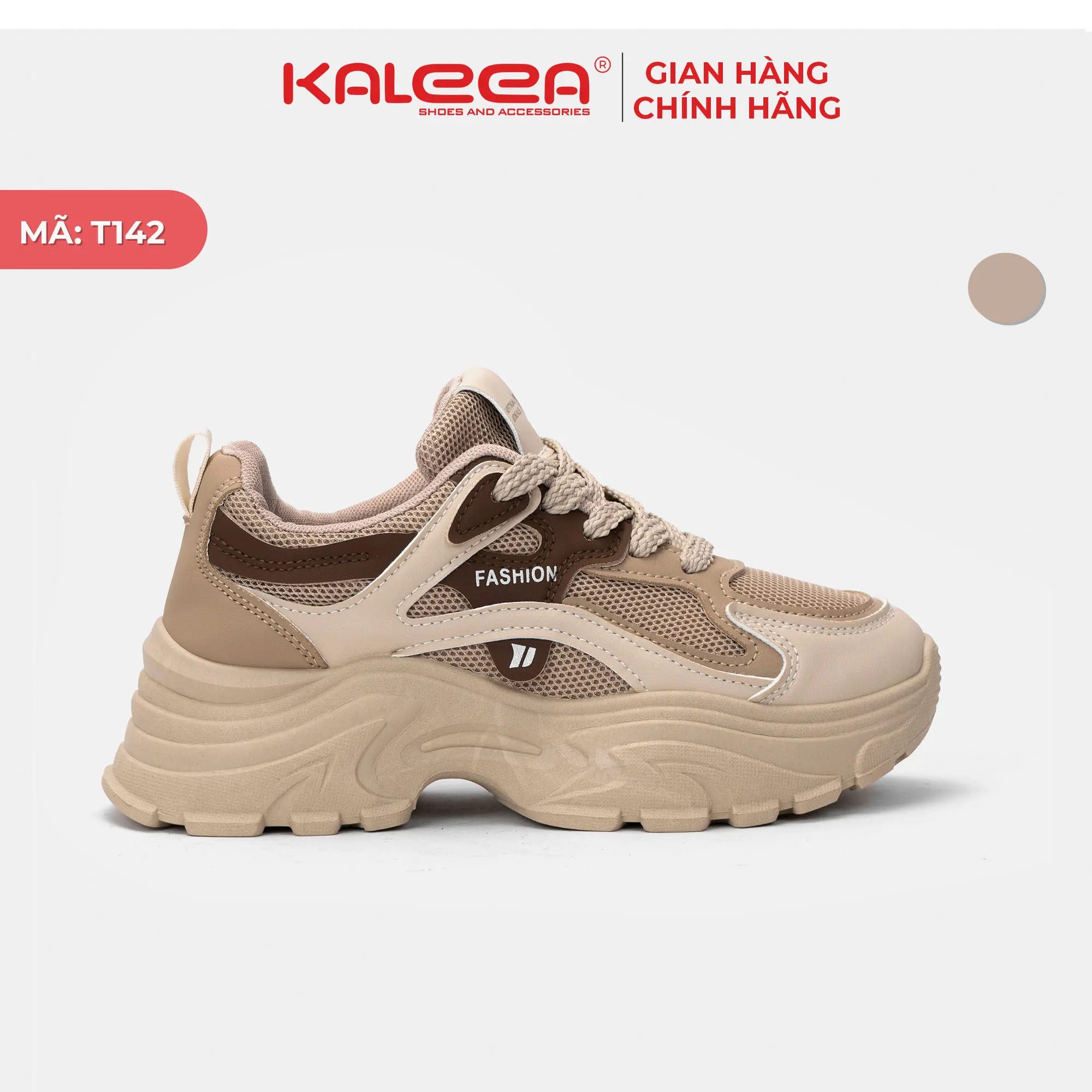 KALEEA  T142 - Giày Thể Thao Nữ Độn Đế Cao 5cm Chất Da Phối Lưới Đi Thoáng Chân