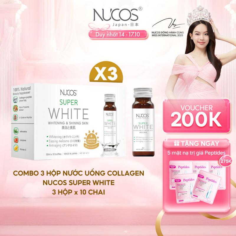 Combo 3 Hộp TPBVSK Nước Uống Collagen Nucos Super White Hỗ Trợ Dưỡng Trắng Da Mờ Thâm Nám 3 Hộp x 10 chai x 50 ml