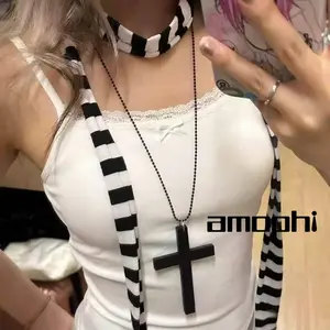 amophi Kalung salib hitam kayu gelap rantai sweter besar rantai klavikula subkultur aksesoris biarawati gothic lolita C518