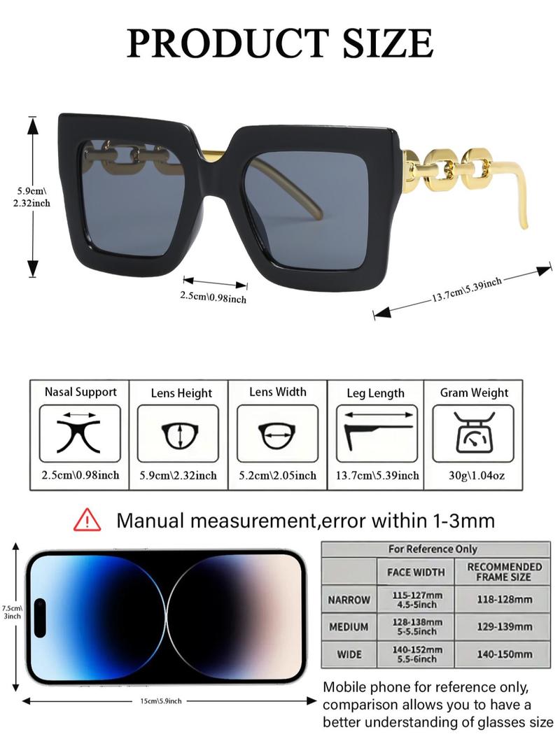 Product Introduction of Unisex Mixed Style Chain Temple Decor Large Frame Sunglasses Set, Trendy Casual Tinted Lens Sunglasses for Travel Use, Fashion Accessories for Outdoor Activities 1