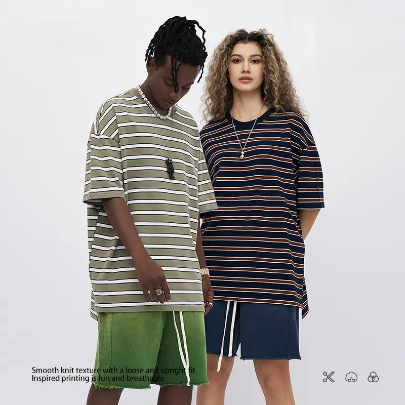Áo Thun Cotton, Phong Cách Cổ Điển 24-25, Sọc Và Cổ Tròn, ngắn Tay, Thương Hiệu Thời Trang Xu Hướng Mỹ Đông Nam Á, Dáng Rộng Đường Phố, Dành Cho Nam Và Nữ, Thời Trang Menswear