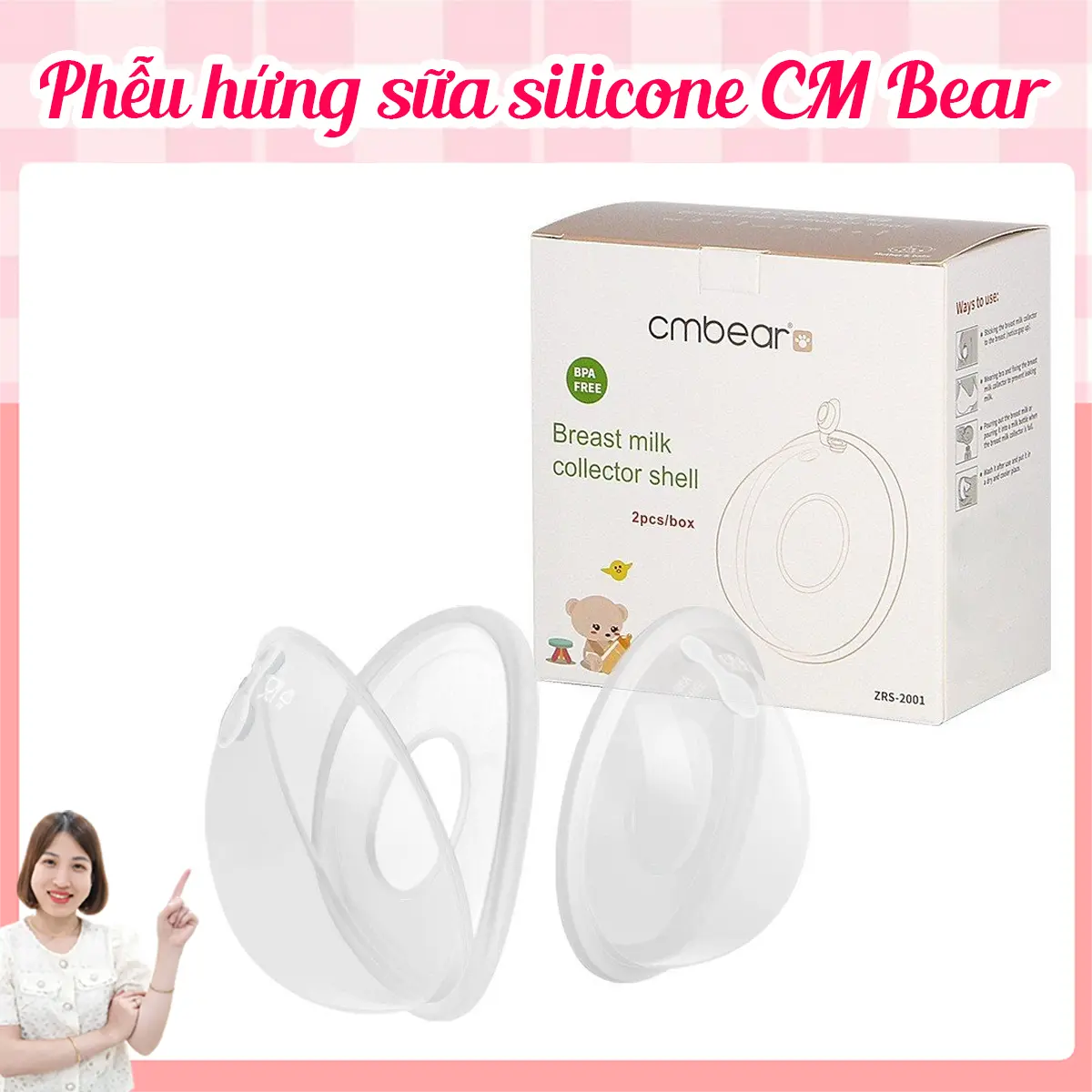 Phễu Hứng Sữa, cốc hứng sữa Silicone CMbear chống tràn, an toàn và tiện lợi (Loại Có Nút Đậy- Hộp 2 cái)