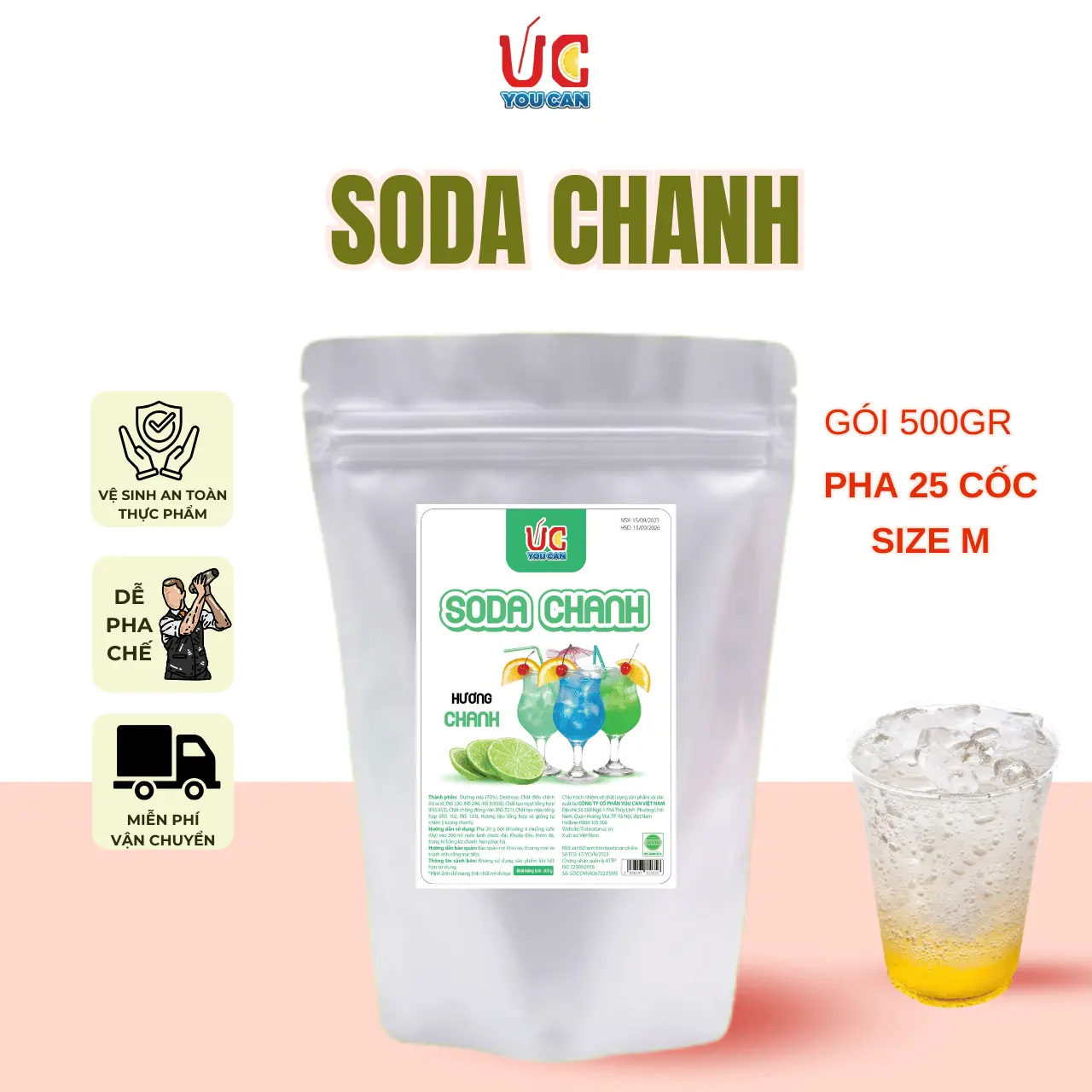 Soda Chanh (Siêu Rẻ 1 gói 500gr) Soda UC, Nước Uống Giải Khát Có Sẵn Gas, Không Cần Siro và Nước Có Gas, Đủ Vị, Thơm Ngon, Dễ Pha