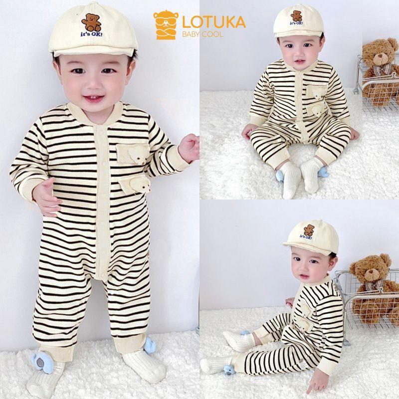 Body LOTUKA Cho Bé, Bodysuit Tăm Thu Kẻ Đính Gấu Cho Bé Trai Bé Gái, Bộ Liền Thân Dài Tay Size 3-12kg Voi Len