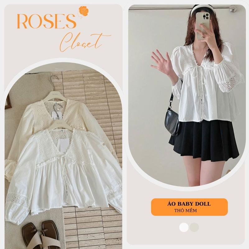 Áo Babydoll Dáng Sơ Mi Thô Boy Thắt Nơ Viền Ren Dài Tay Cổ V, From Xuông, Cài Cúc Tay Bo Chun Tiểu Thư Siêu Xinh