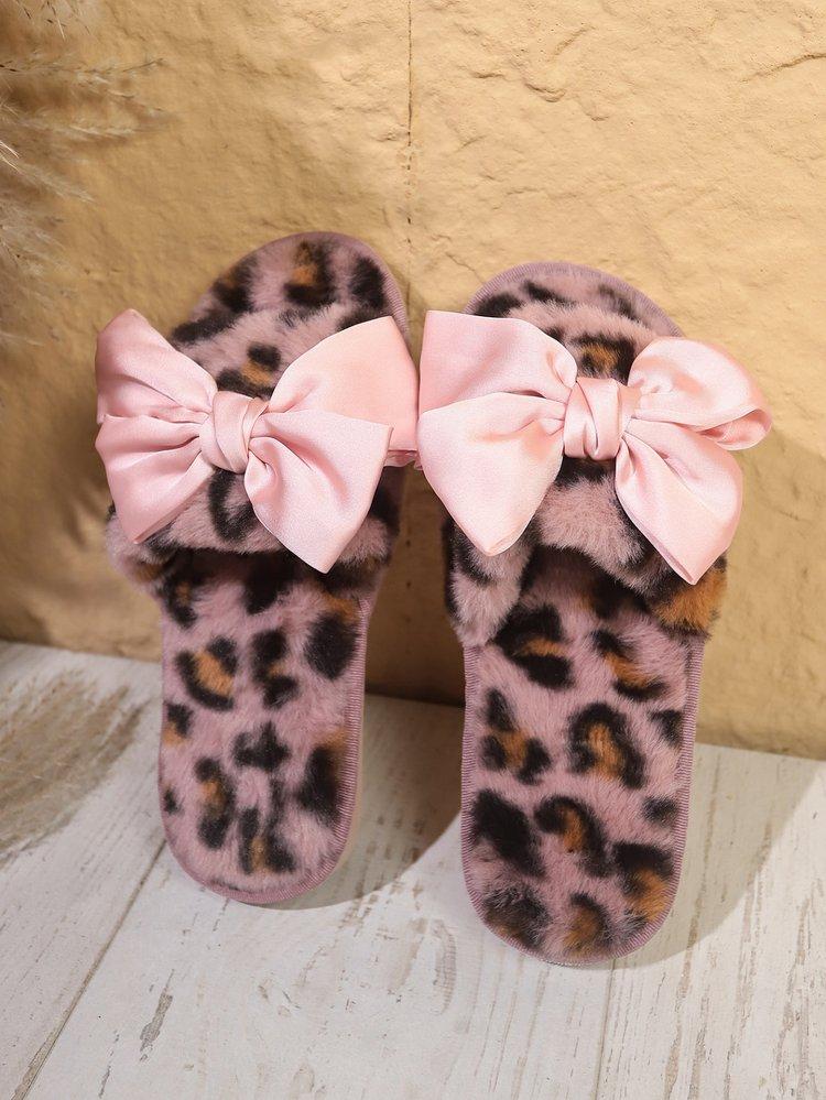 Product Introduction of Fluffy Leopard Bowknot Slippers Women's Autumn and Winter Flat Home Floor Slippers Open Toe Cotton Slippers Women's Flat-Heeled Slippers Rubber Suede 13
