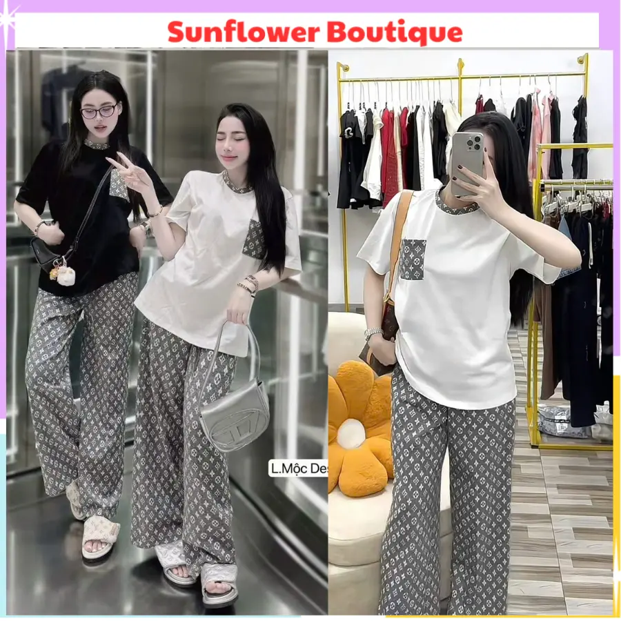 Set bộ quần áo thun nữ eovi cổ tròn mix quần vải suông dài đẹp