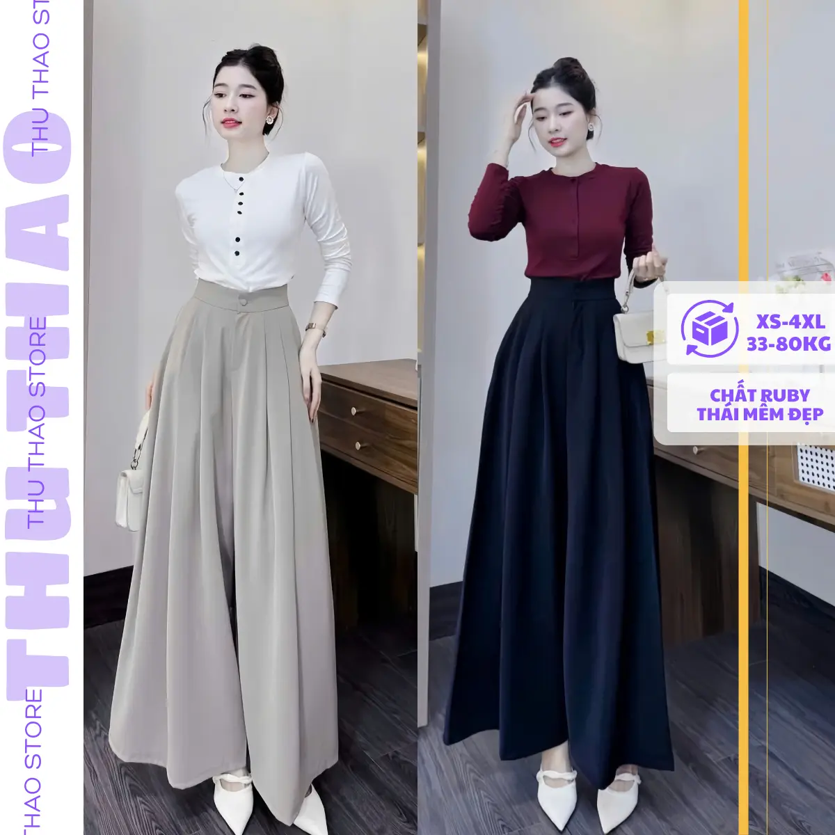 Quần giả váy ống siêu rộng khuy bọc giữa cao cấp big size, quần công sở by Thu Thảo Store Nữ Ong