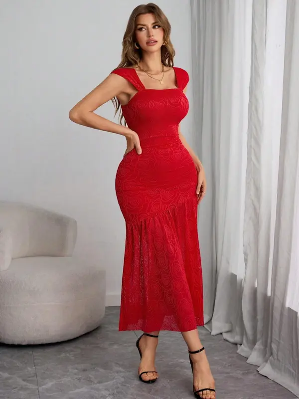 Women's Plain Floral Print Contrast Mesh Semi-sheer Mermaid Dress, Formal Elegant Backless Midi Dress for Party Club Dating Wear, Ladies Summer Clothes, Summer Dresses 2025, Womenswear 8