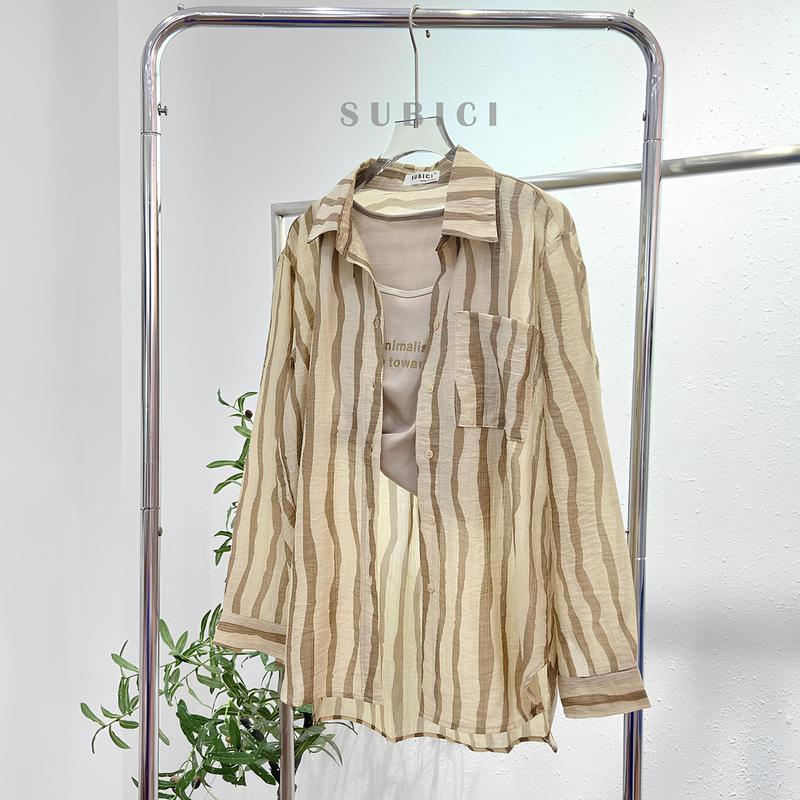 (Kèm Ba Lỗ) Áo Sơ Mi Nữ Kẻ Sọc Sóng Chất Đũi Tơ Mềm Mỏng Nhẹ Mát Form Rộng Đi Biển Đi Chơi | SUBICI