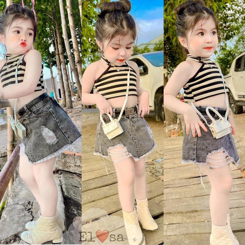 Quần Áo Bé Gái - Set Áo YẾM Kẻ Sọc Dáng Cộc Mix CHÂN VÁY BÒ Cute cho bé gái 1 - 8 Tuổi