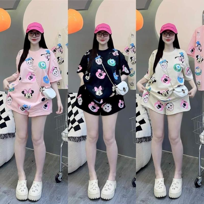 Top Set đồ bộ Áo hoạt hình cute SAM CLO, bộ đồ ngủ đùi Pỵjama Women freesize form rộng in hình CARTOON TỔNG HỢP dobo tay ngan