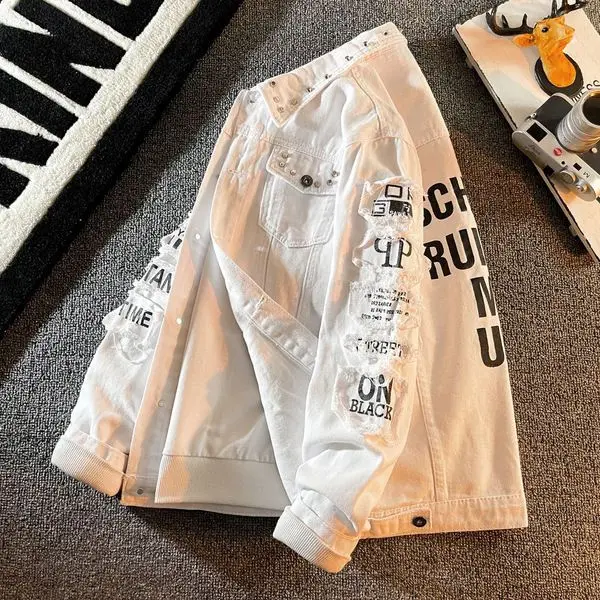 Áo Khoác Denim, Màu Trắng, Thương Hiệu Thời Trang Nam, Hàng Mới Về 2023, Phong Cách Hàn Quốc, Áo Thường Ngày Hợp Xu hướng, Áo Khoác Denim Cho Nam Menswear Jacket