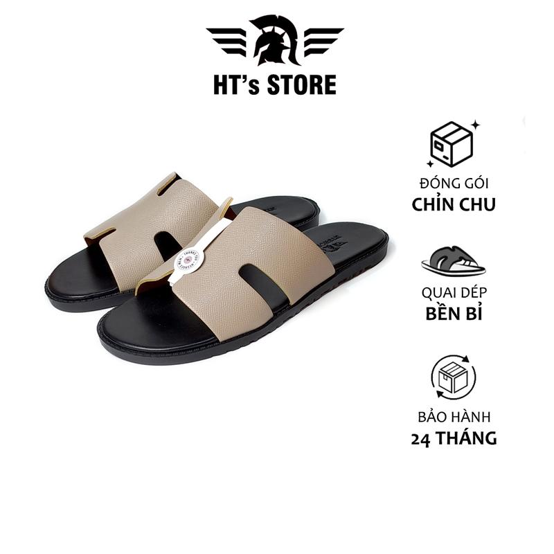 Dép quai ngang chữ H cho nam quai da kem đậm, mặt da màu đen, đế cao su đen vân H đẹp boy cháy phố - DéP nam đẹp 2024 Đế Bằng