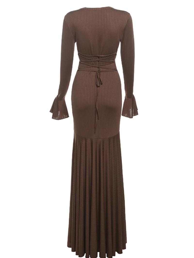 Product Introduction of Women's Plain Lace Up Flounce Sleeve Dress, Casual Round Neck Long Sleeve Maxi Dress for Spring & Fall, Women's Clothing for Daily Wear, Long Sleeve Dresses 2